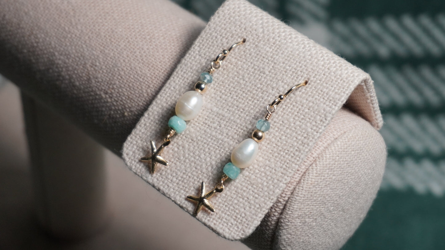 Starfish Charm Earrings with Blue Stone & White Freshwater Pearls