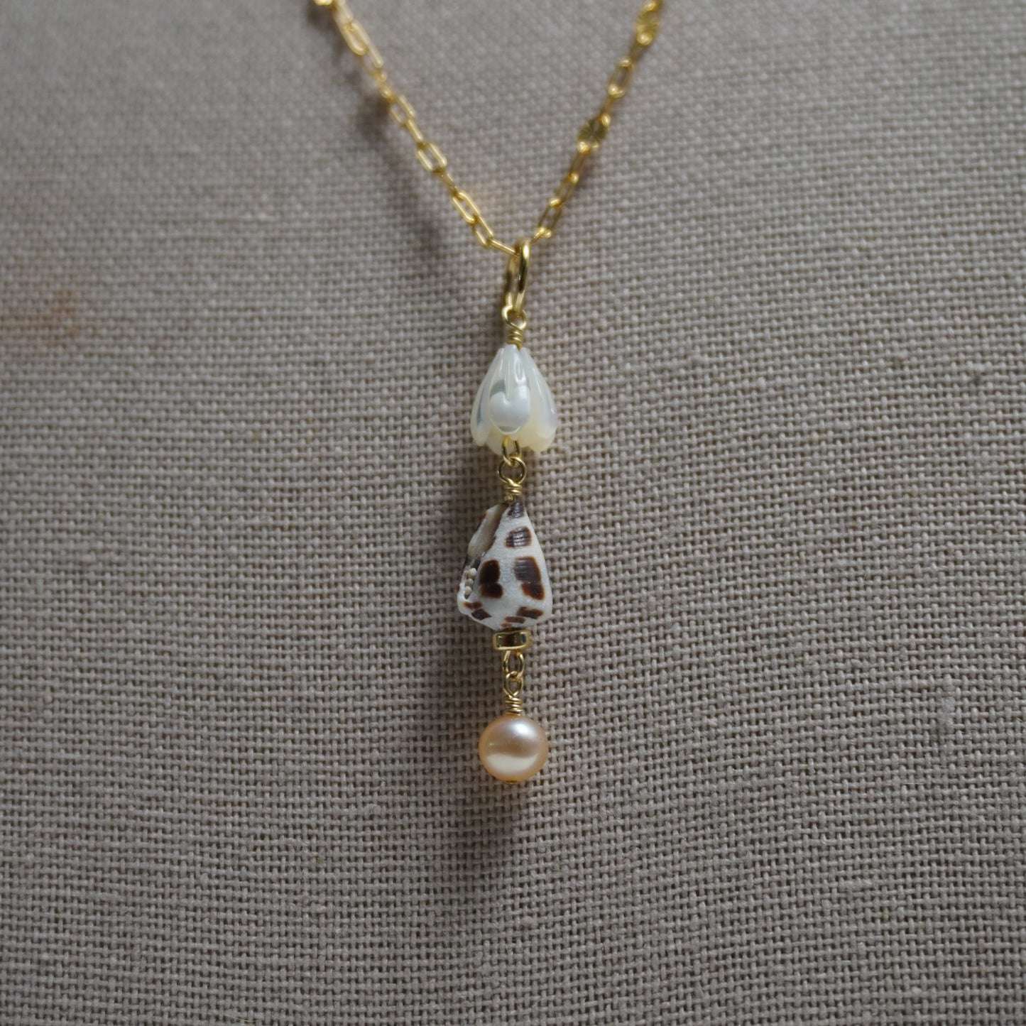 Hebrew Cone Shell, Mother of Pearl Pikake, Pink Pearl Drop Necklace