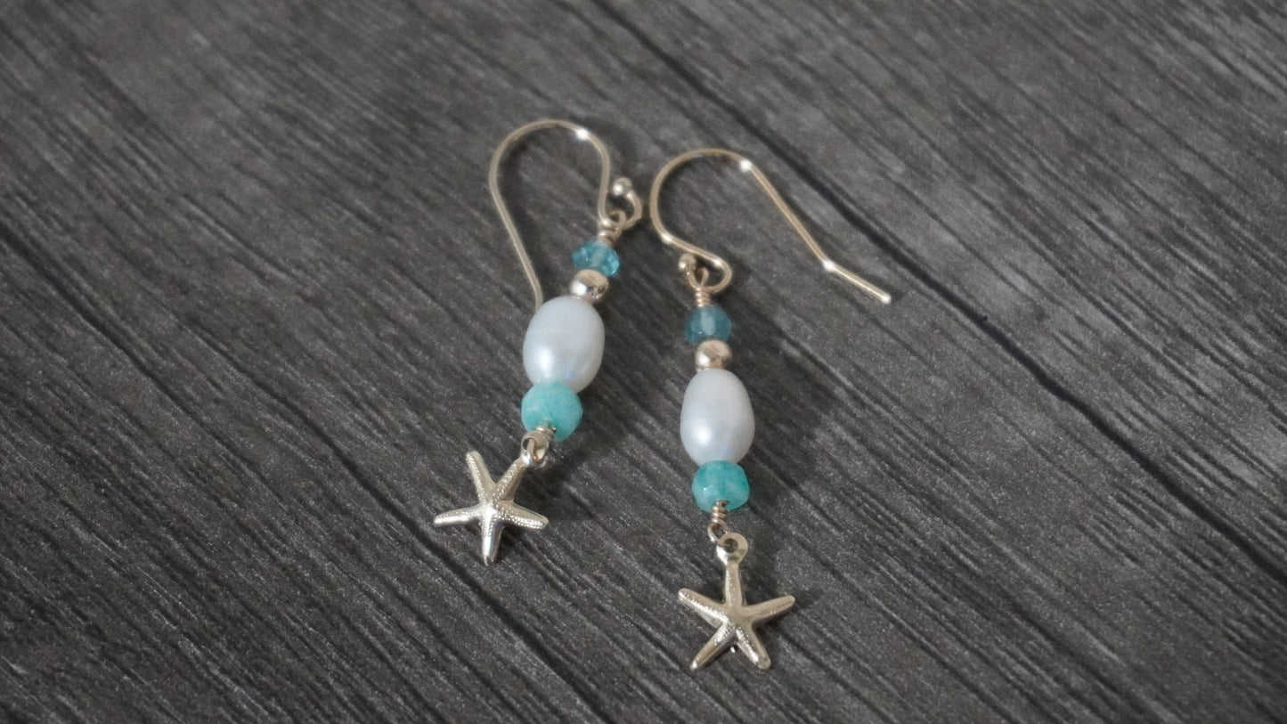 Starfish Charm Earrings with Blue Stone & White Freshwater Pearls