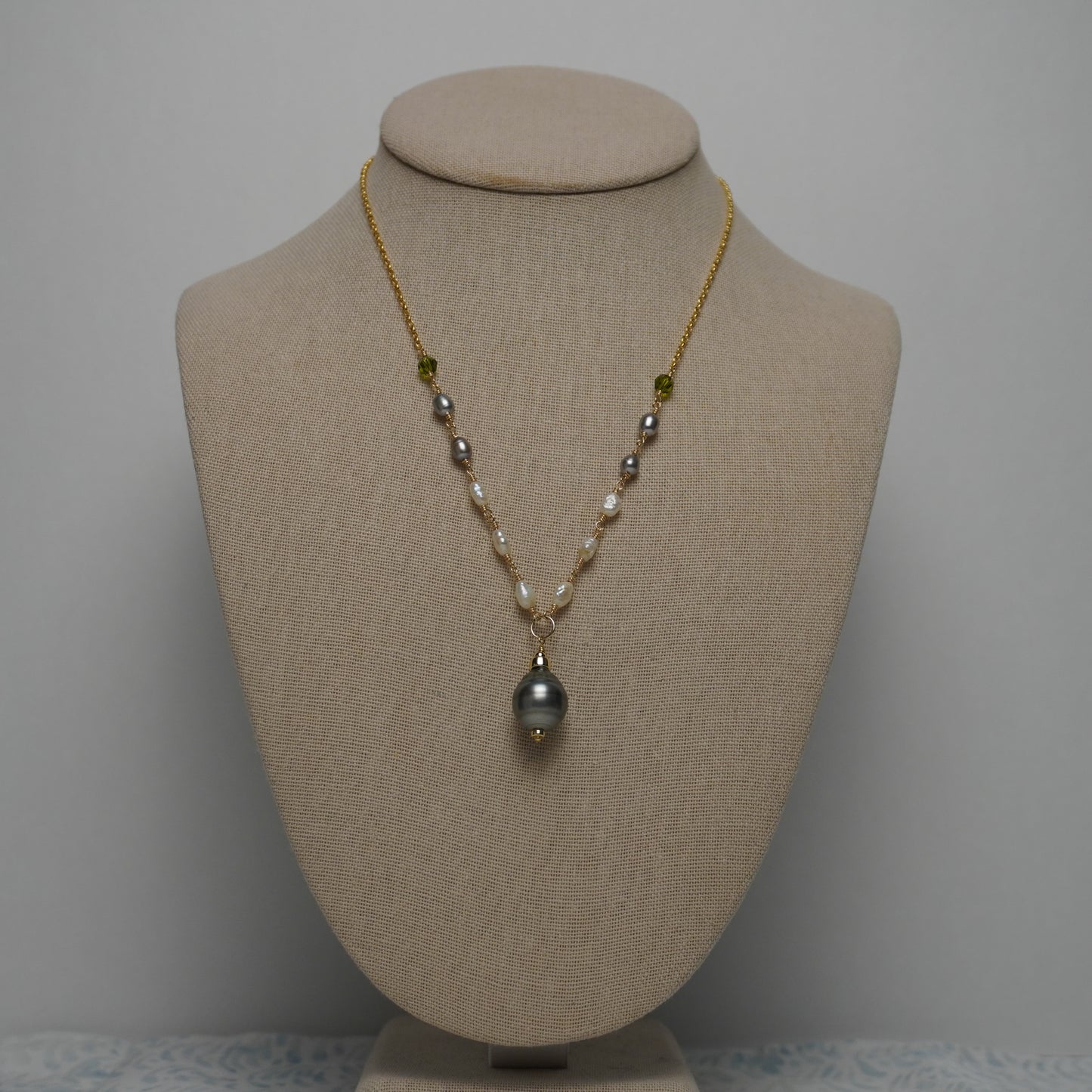 Tahitian & Freshwater Pearl "3-2-1" Necklace with Green Swarovski Crystal