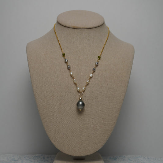 Tahitian & Freshwater Pearl "3-2-1" Necklace with Green Swarovski Crystal