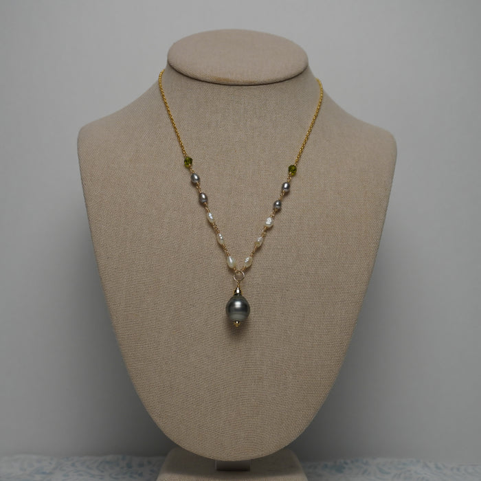 Tahitian & Freshwater Pearl "3-2-1" Necklace with Green Swarovski Crystal