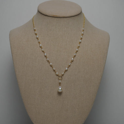 White button pearl and figaro link station necklace in 14k gold fill