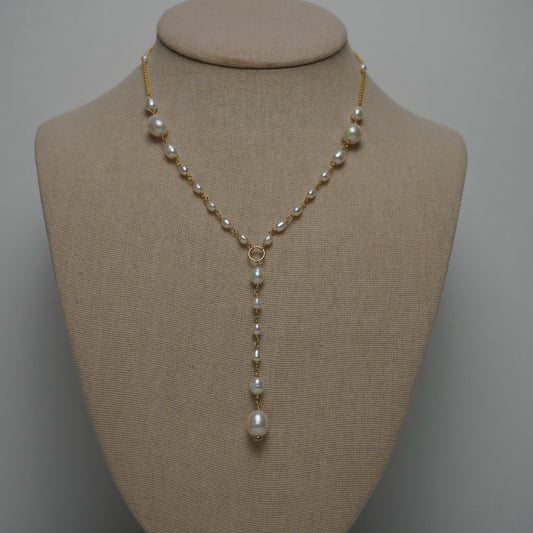 Freshwater Pearl Lariat Necklace on Rolo Chain – Adjustable 16"