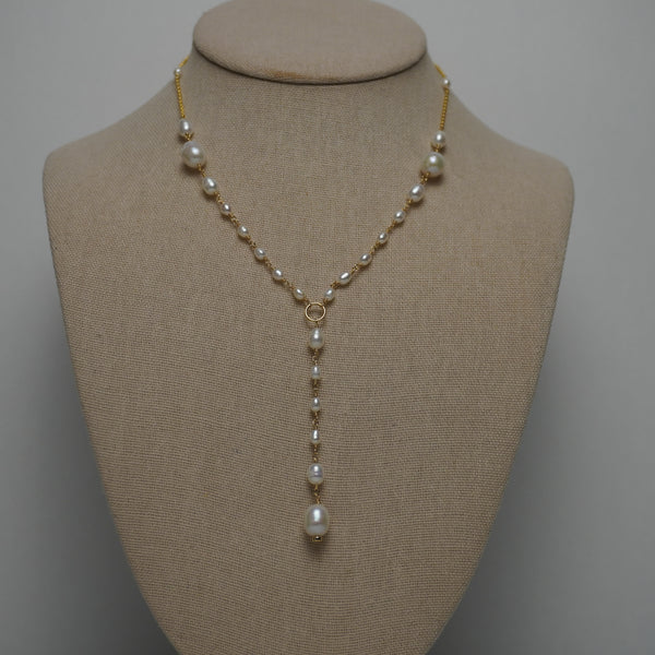Freshwater Pearl Lariat Necklace on Rolo Chain – Adjustable 16"