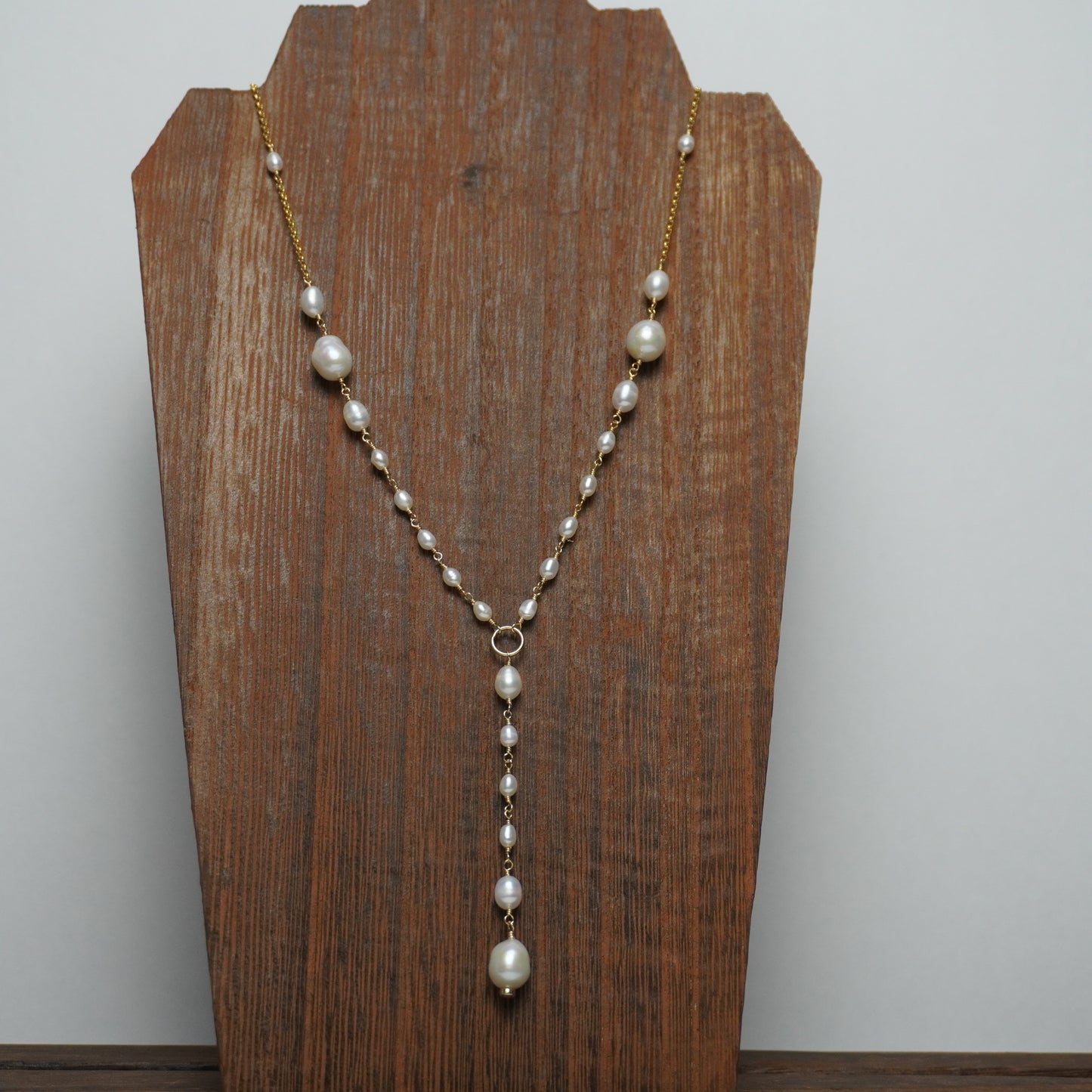 Freshwater Pearl Lariat Necklace on Rolo Chain – Adjustable 16"