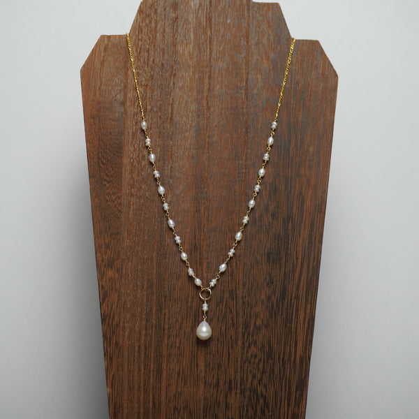 White button pearl and figaro link station necklace in 14k gold fill — alternate view