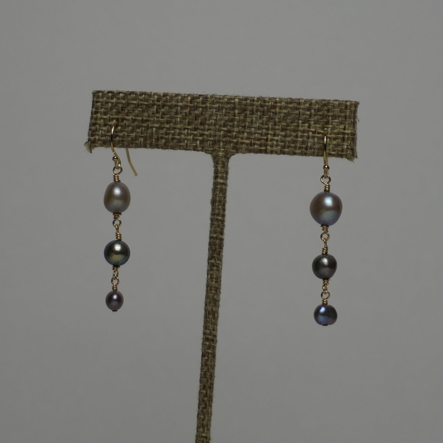 Triple Gray Freshwater Pearl Gold Dangle Earrings