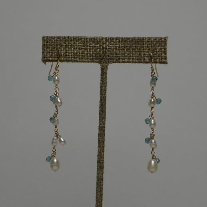 Rain Drops earrings with blue crystals and white freshwater pearl drops