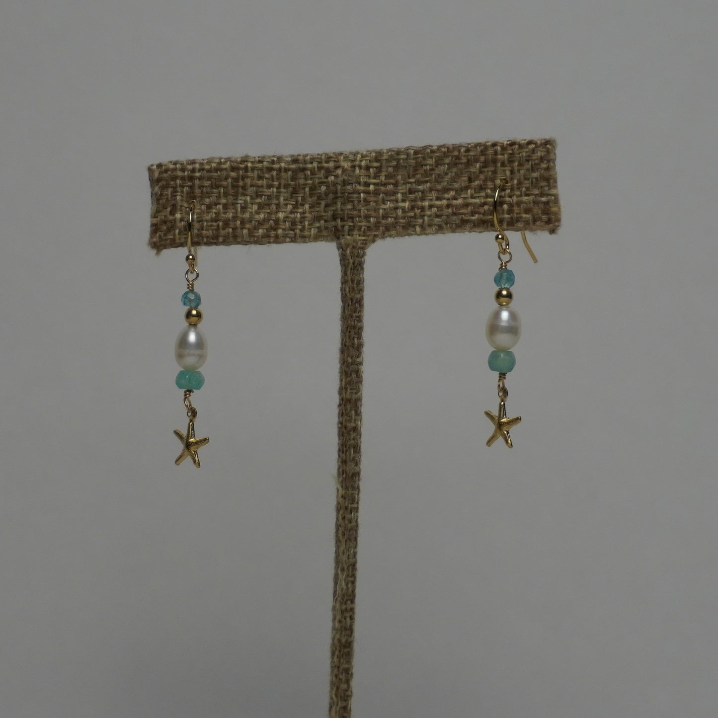 Starfish Charm Earrings with Green Crystals & White Freshwater Pearls