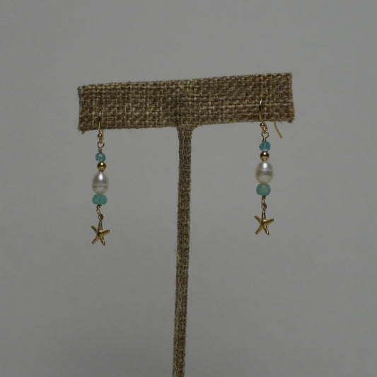 Starfish Charm Earrings with Green Crystals & White Freshwater Pearls