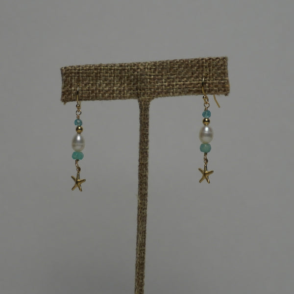 Starfish Charm Earrings with Blue Stone & White Freshwater Pearls