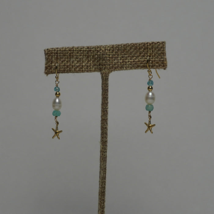 Starfish charm earrings with blue crystals and white freshwater pearls