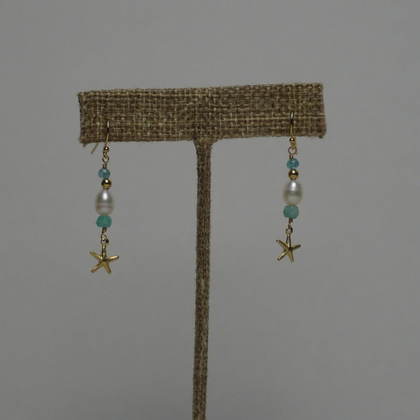 Starfish Charm Earrings with Green Crystals & White Freshwater Pearls