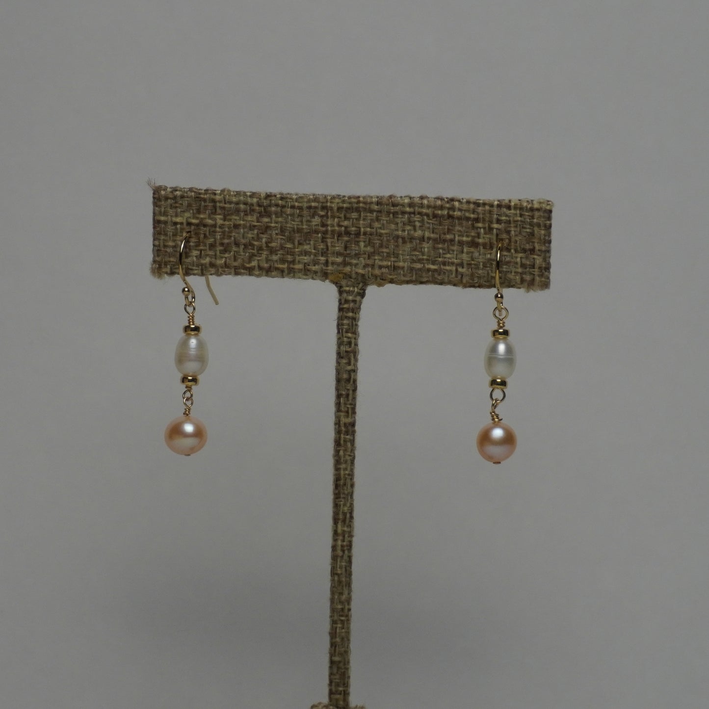 Pink and White Freshwater Pearl Drop Earrings with Gold Roundels