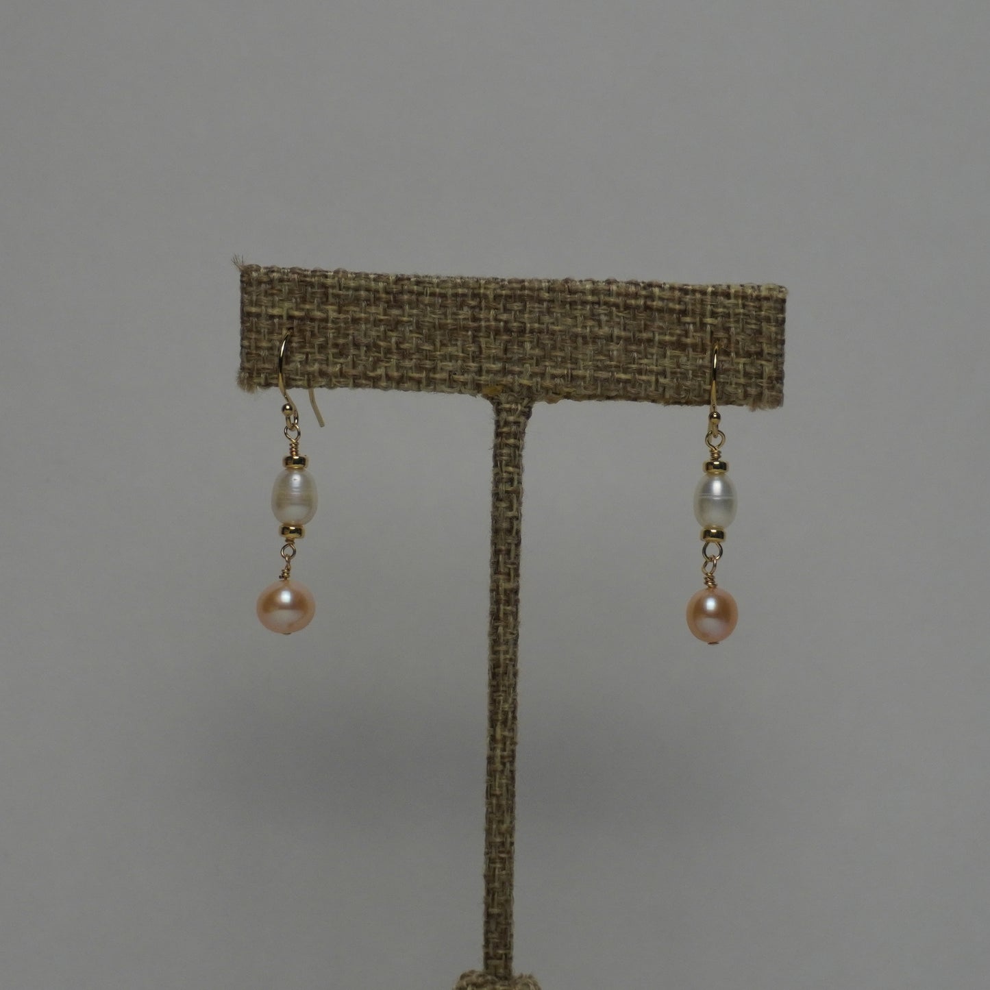 Pink and White Freshwater Pearl Drop Earrings with Gold Roundels