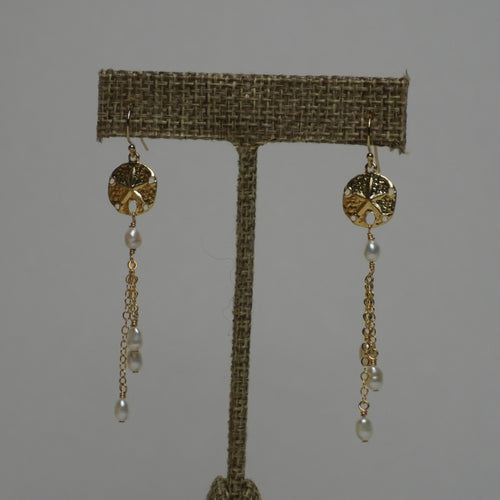 Sand dollar charm and freshwater pearl drop earrings