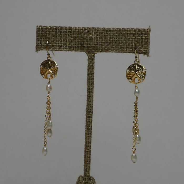 Sand dollar charm and freshwater pearl drop earrings