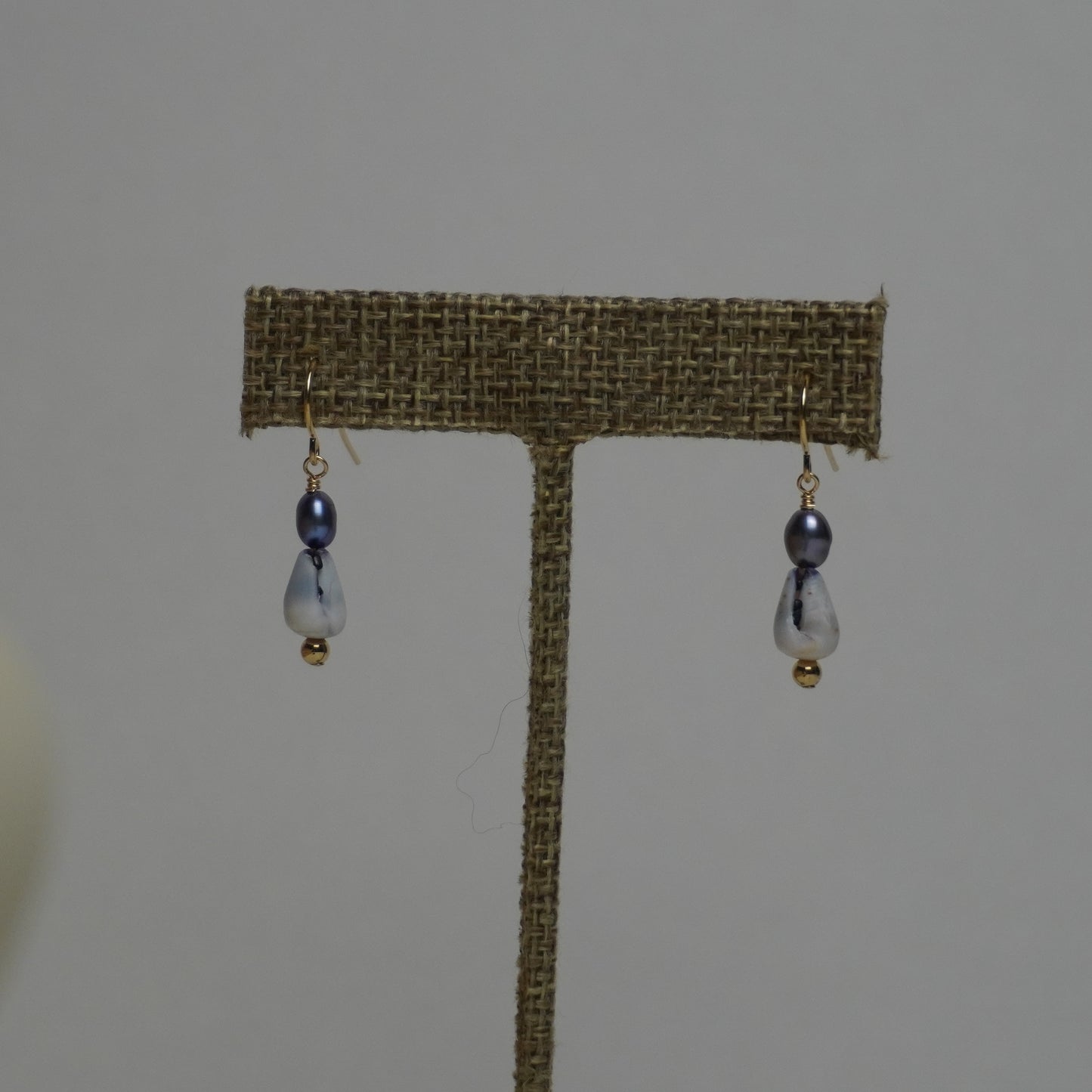 Mini Rat Cone Shell & Freshwater Pearl Earrings with Gold Roundels