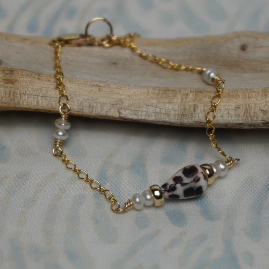 Hebrew Cone Shell and White Button Pearl Floating Fancy Chain Bracelet