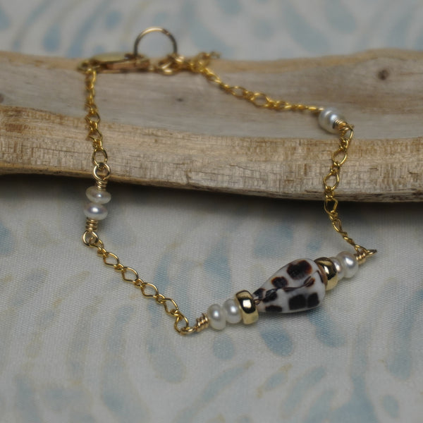 Hebrew Cone Shell and White Button Pearl Floating Fancy Chain Bracelet