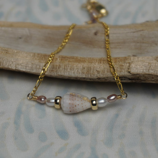 Pink & White Freshwater Pearl Bracelet with Cone Shell on Figaro Chain