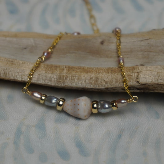 Grey and White Freshwater Pearl Bracelet with Mini Cone Shell