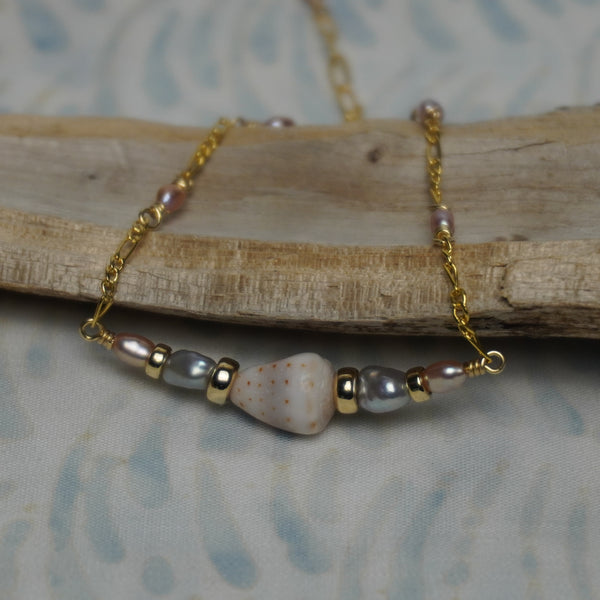 Grey and White Freshwater Pearl Bracelet with Mini Cone Shell