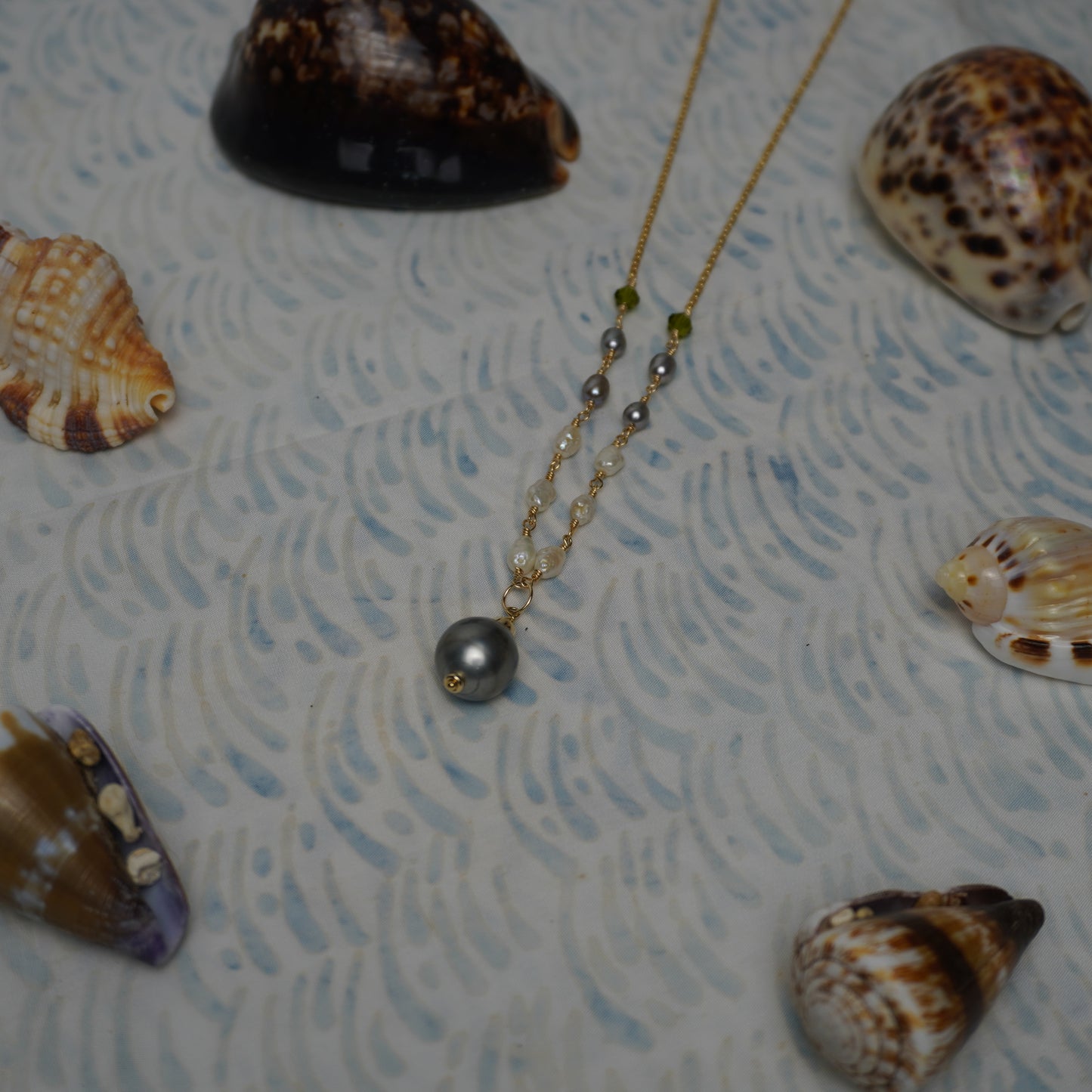 Tahitian & Freshwater Pearl "3-2-1" Necklace with Green Swarovski Crystal