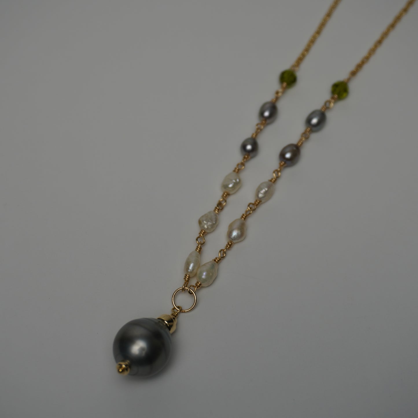 Tahitian & Freshwater Pearl "3-2-1" Necklace with Green Swarovski Crystal