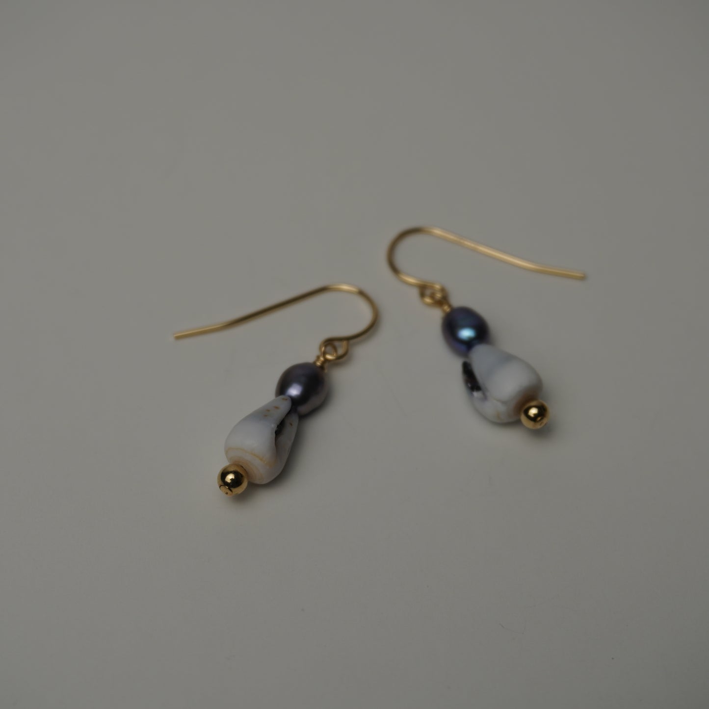 Mini Rat Cone Shell & Freshwater Pearl Earrings with Gold Roundels