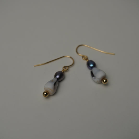 Mini Rat Cone Shell & Freshwater Pearl Earrings with Gold Roundels