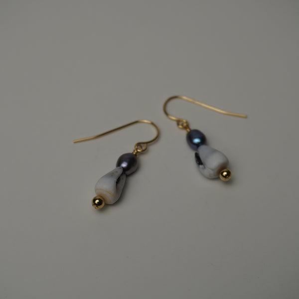 Mini Rat Cone Shell & Freshwater Pearl Earrings with Gold Roundels