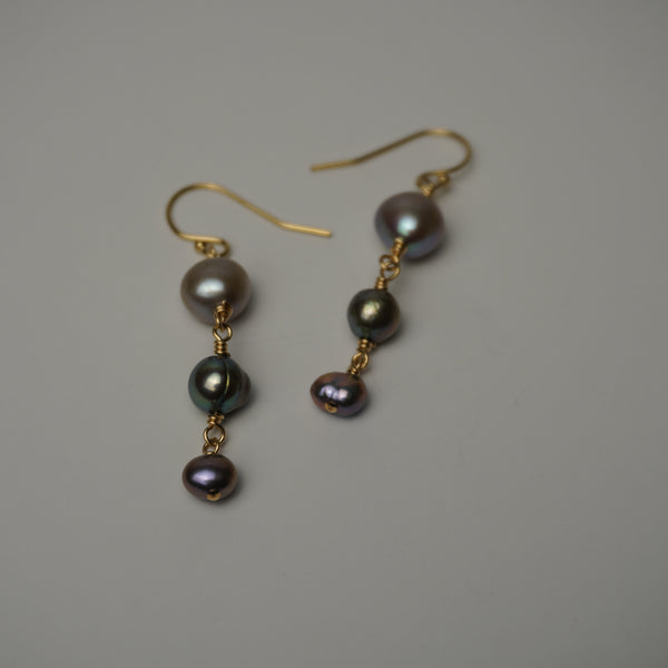 Triple Gray Freshwater Pearl Gold Dangle Earrings