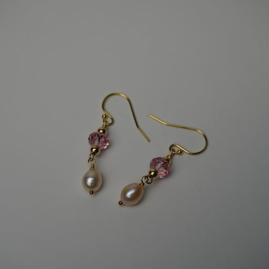 Pink Freshwater Pearl & Swarovski Crystal Gold Drop Earrings