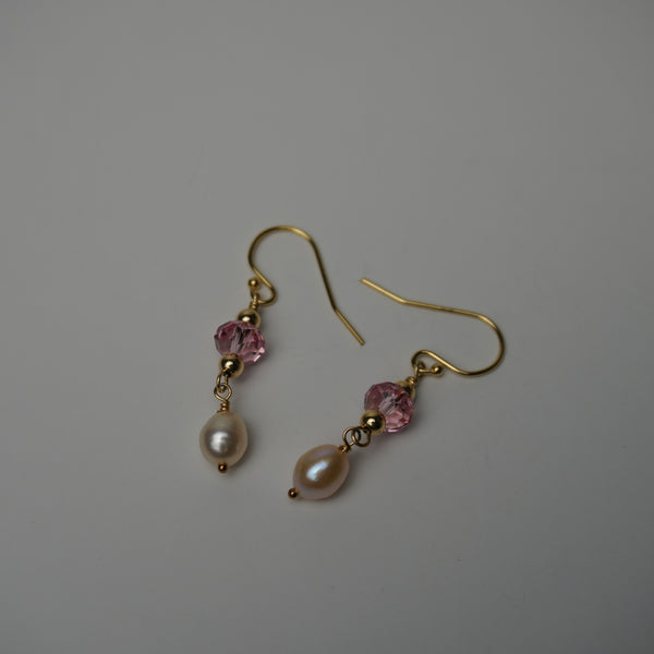 Pink Freshwater Pearl & Swarovski Crystal Gold Drop Earrings