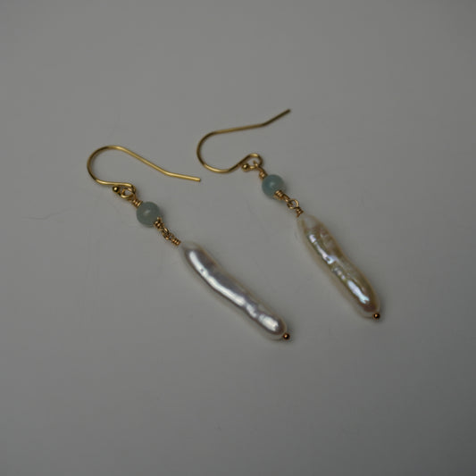 Stick Pearl Earrings with Green Crystals