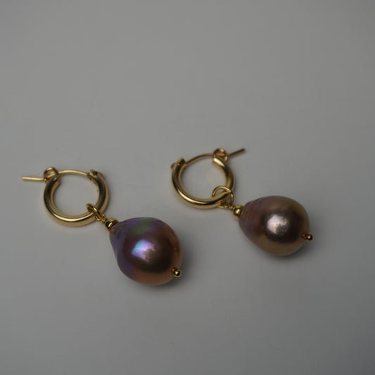 Iridescent Pink Edison Pearl Gold Hoop Earrings