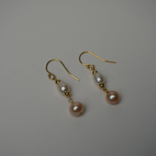 Pink and White Freshwater Pearl Drop Earrings with Gold Roundels