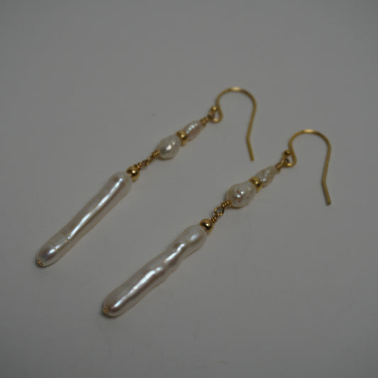 White Stick & Freshwater Pearl Drop Earrings