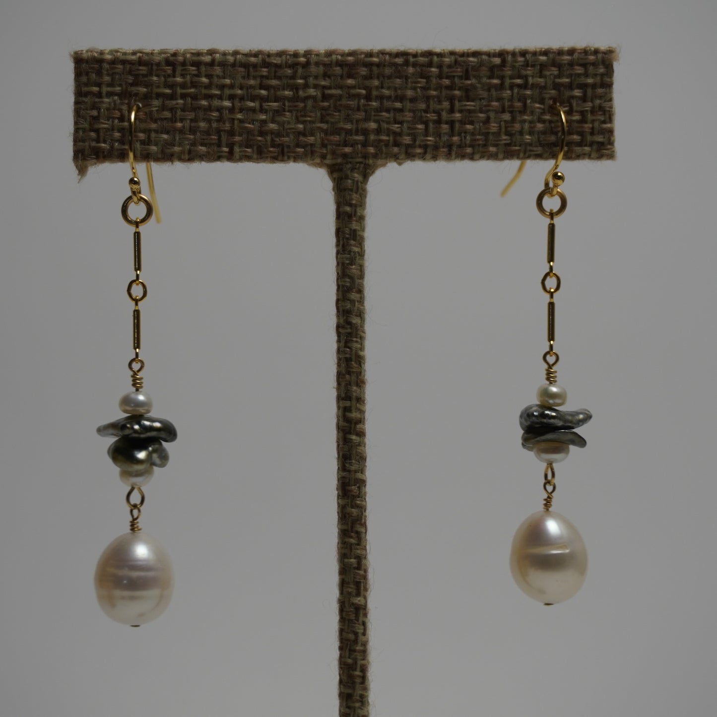 Bar Chain Freshwater & Double Keshi Pearl Dangle Earrings