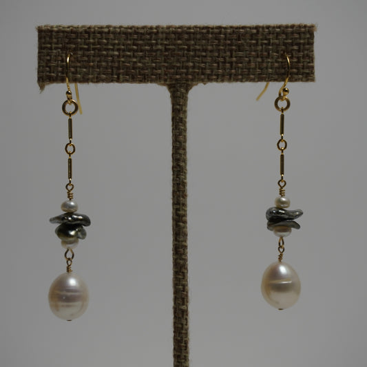 Bar Chain Freshwater & Double Keshi Pearl Dangle Earrings