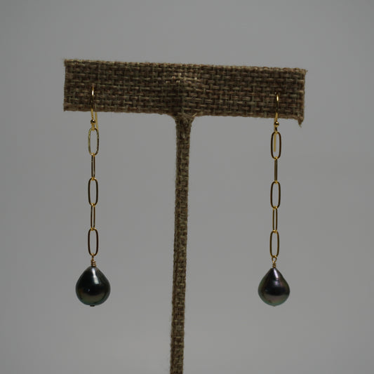 Peacock Tahitian Pearl Paperclip Chain Earrings