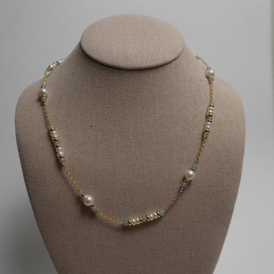 Australian White Pearl & Blue Amazonite Station Necklace