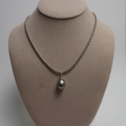 Koa // Silver Pearl Drop & Beaded Silver Necklace