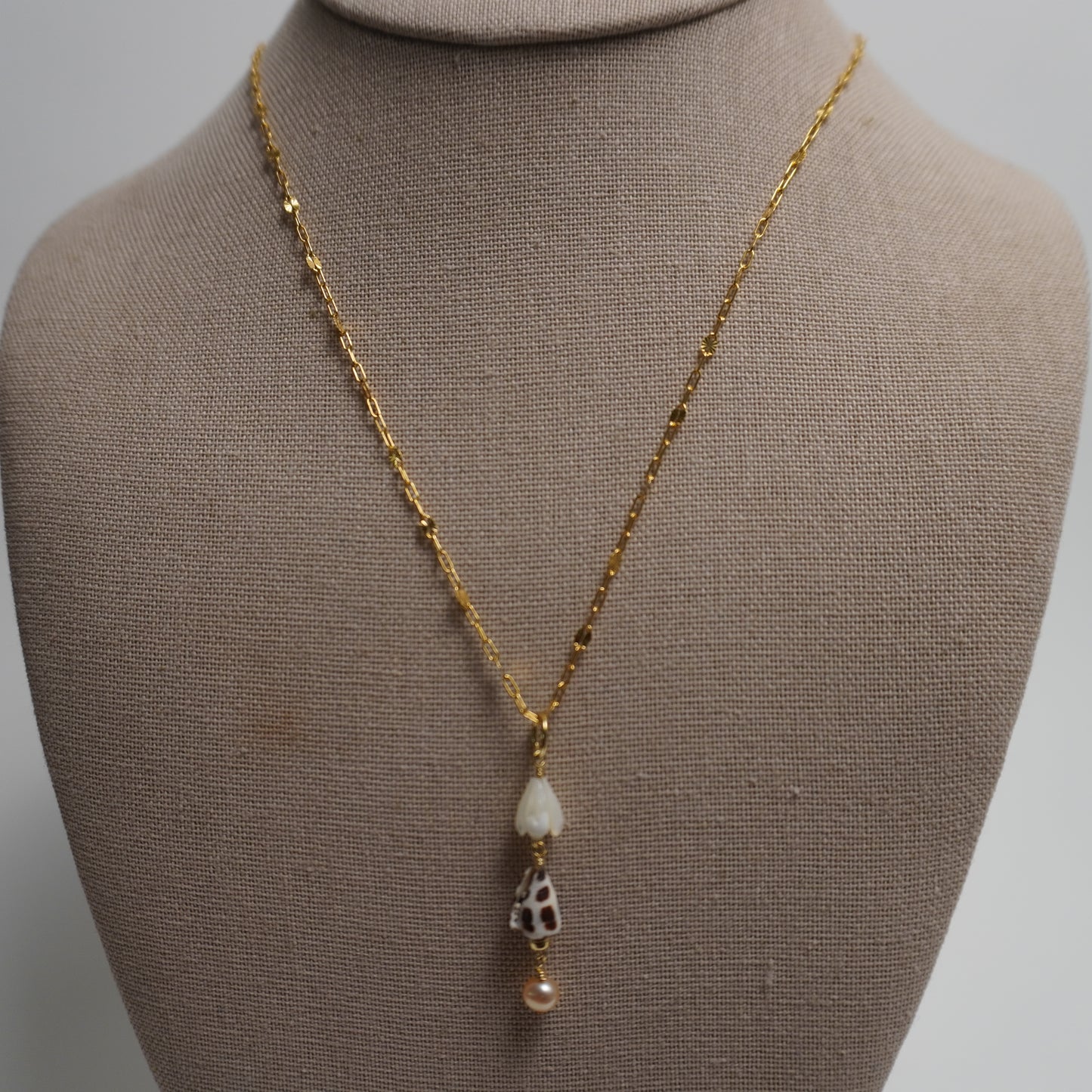Hebrew Cone Shell, Mother of Pearl Pikake, Pink Pearl Drop Necklace